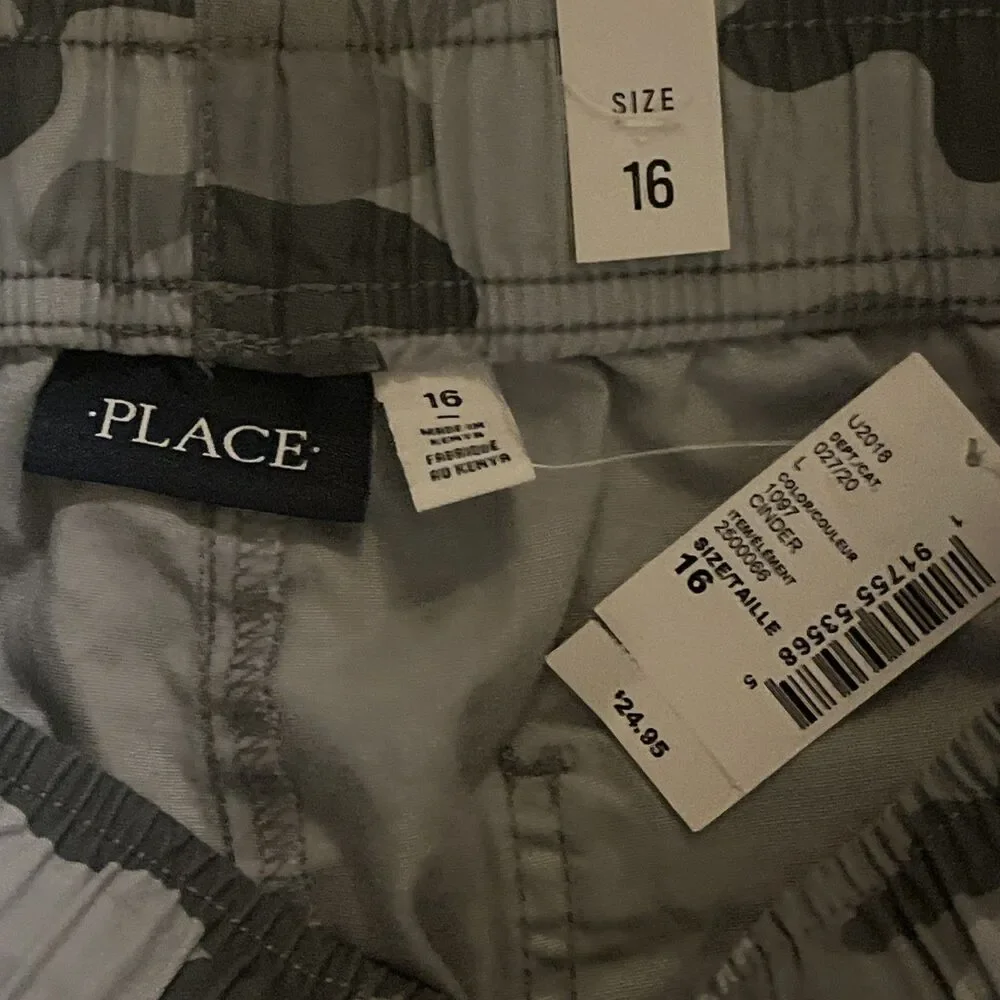 NEW The Children’s Place Boys Gray Camo Joggers Size 16 Adjustable Elastic Waist